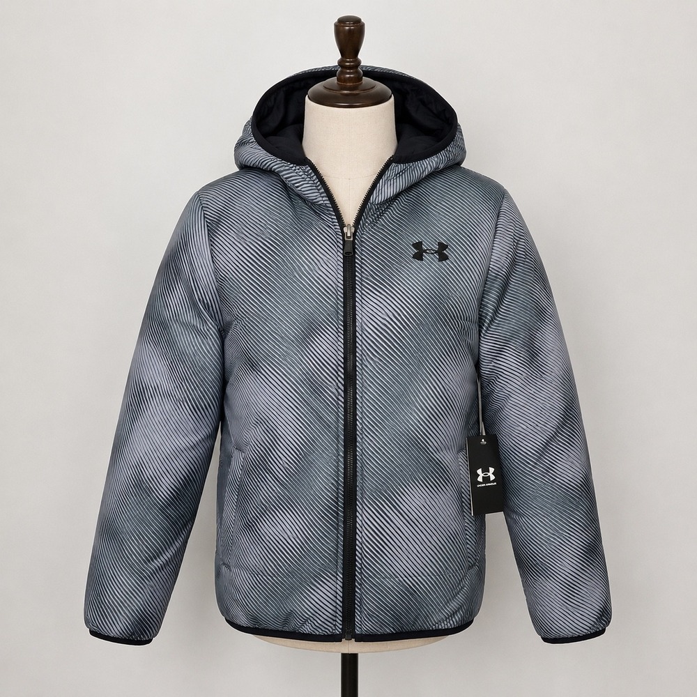 Under Armour Kids Reversible Puffer Jacket Black Grey Stripe Hooded YMD NEW
